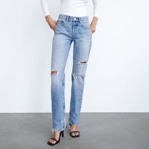 NWT Zara Mid Rise Ripped Straight Leg Jeans